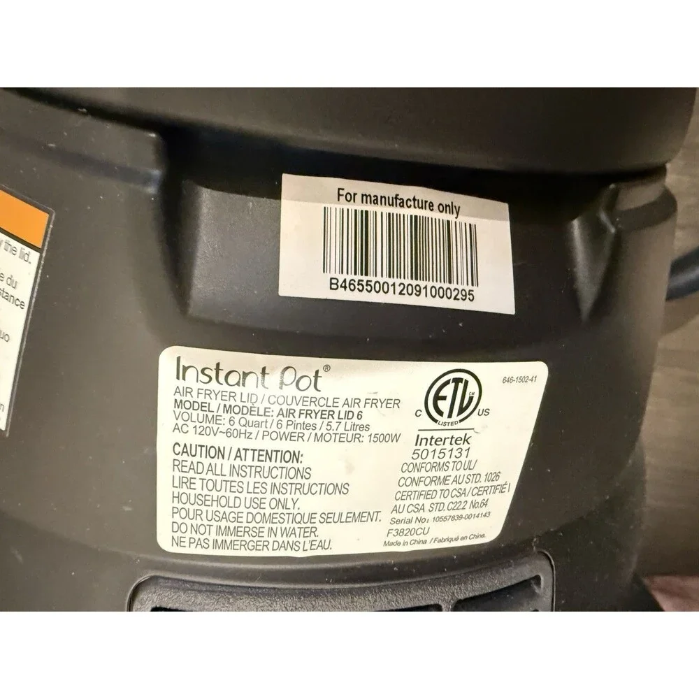 Instant Pot 6 Quart Multi-Use Air Fryer Lid with Base Compatible with Air Fryer